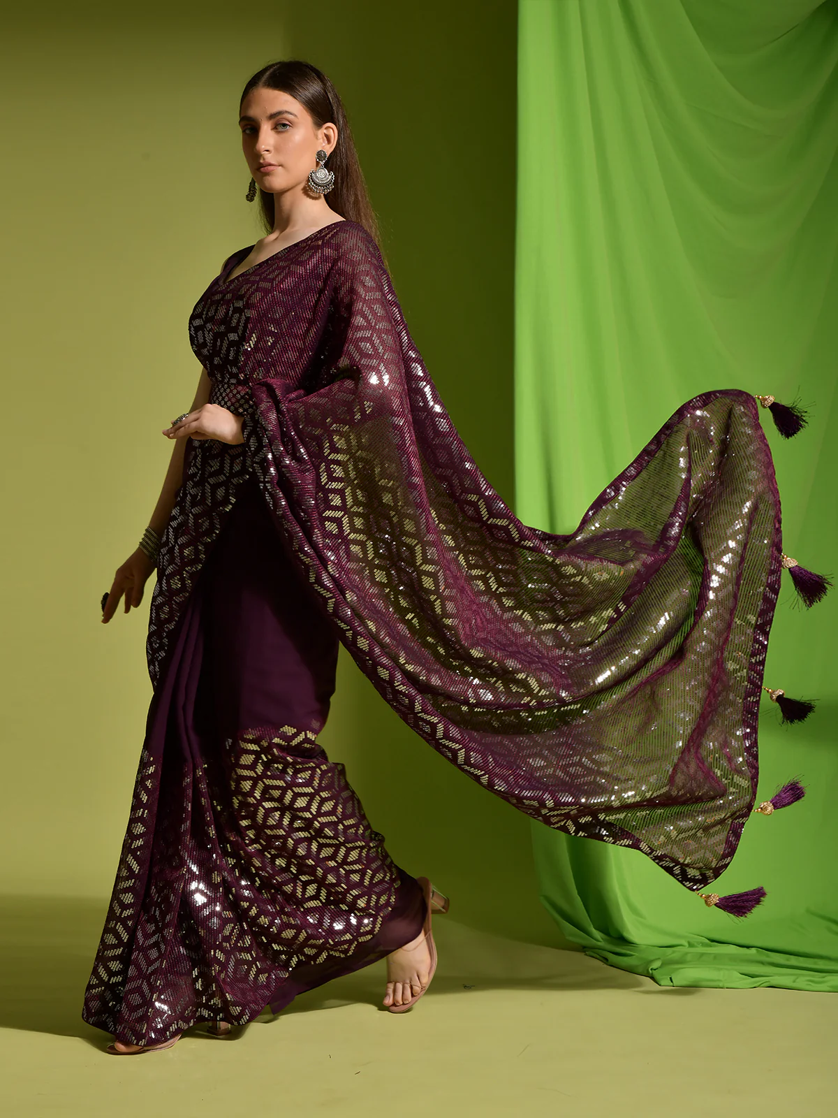 Odette Wine Embellished Georgette Saree With Unstitched Blouse For Women - Image 2