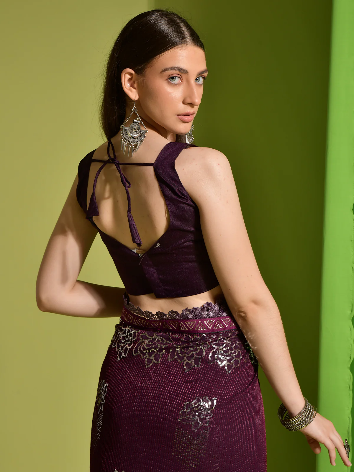 Odette Wine Embellished Georgette Saree With Unstitched Blouse For Women - Image 6