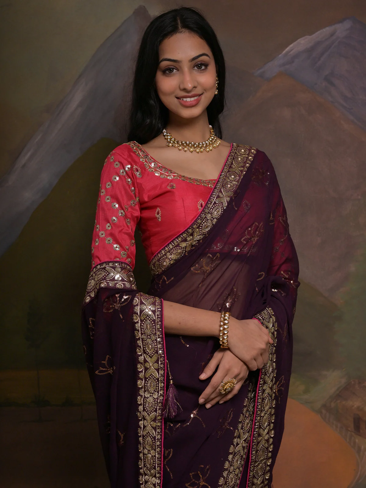 Odette Wine Embellished Georgette Saree With Unstitched Blouse For Women - Image 4