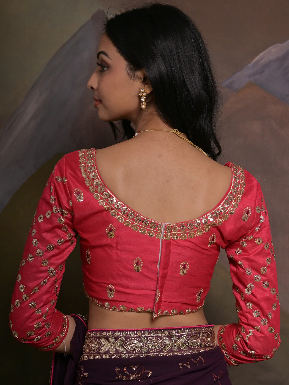 Odette Wine Embellished Georgette Saree With Unstitched Blouse For Women - Image 7