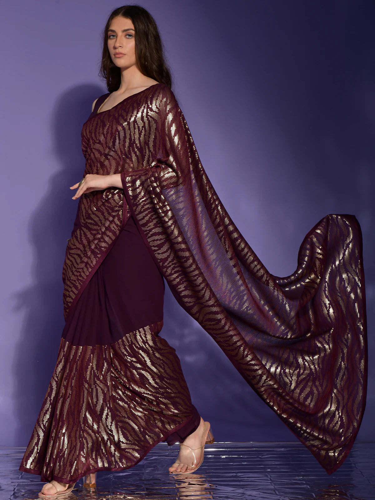 Odette Wine Embellished Georgette Saree With Unstitched Blouse For Women - Image 3