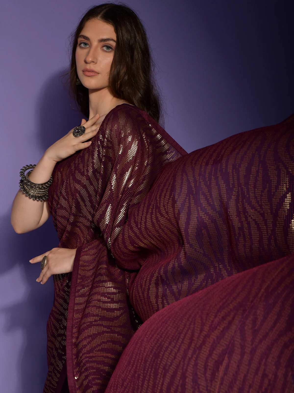 Odette Wine Embellished Georgette Saree With Unstitched Blouse For Women - Image 5