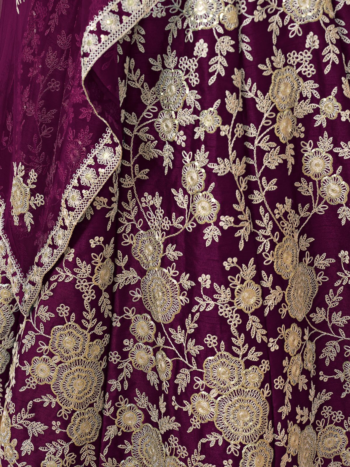 Odette Wine Embroidered Art Silk Semi Stitched Lehenga With Unstitched Blouse For Women - Image 4