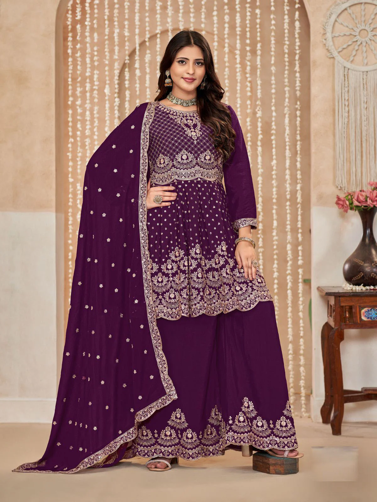 Odette Wine Embroidered Chinon Semi Stitched Kurta Set With Dupatta For Women