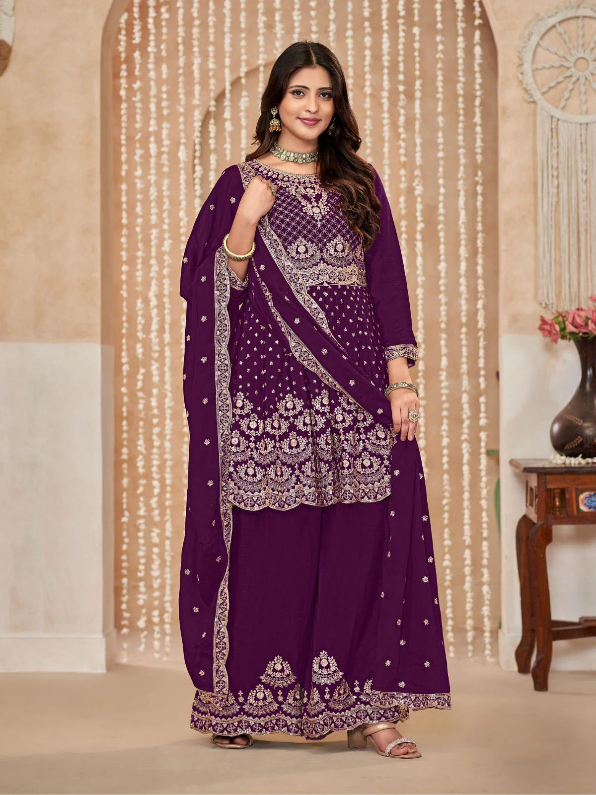 Odette Wine Embroidered Chinon Semi Stitched Kurta Set With Dupatta For Women - Image 2