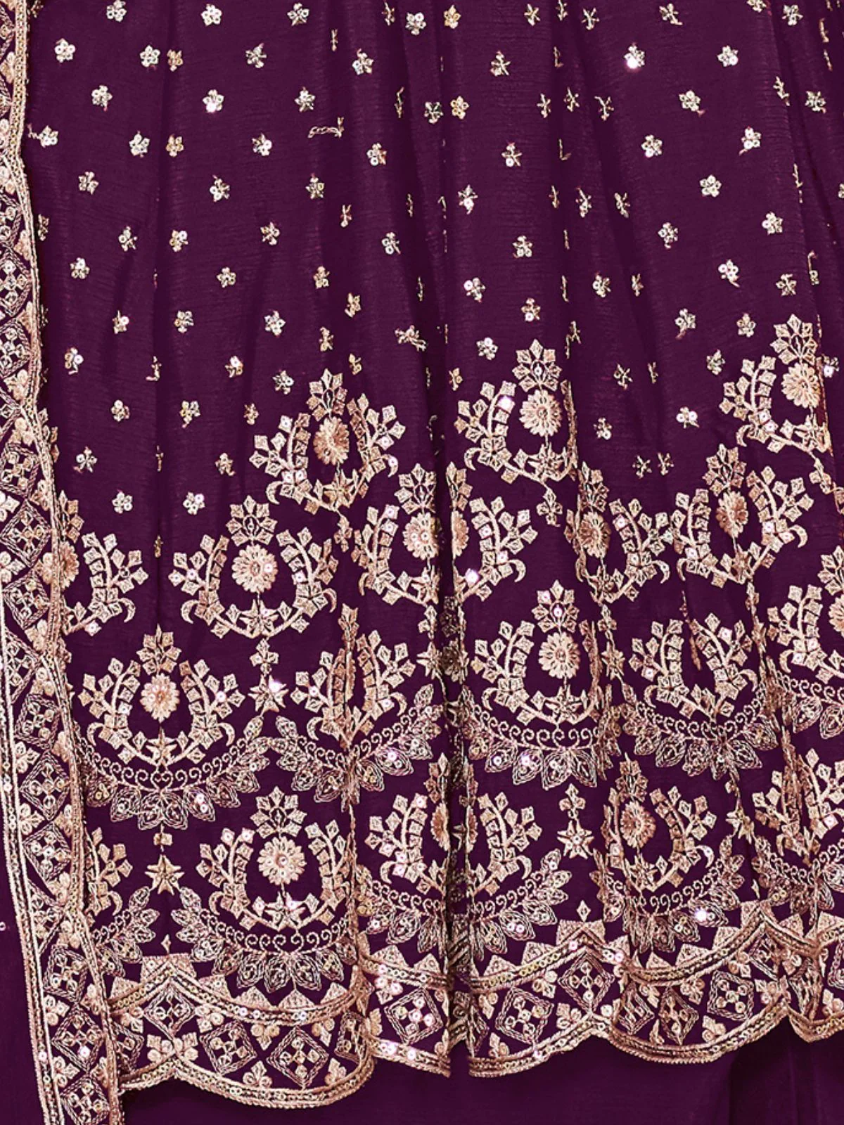 Odette Wine Embroidered Chinon Semi Stitched Kurta Set With Dupatta For Women - Image 5