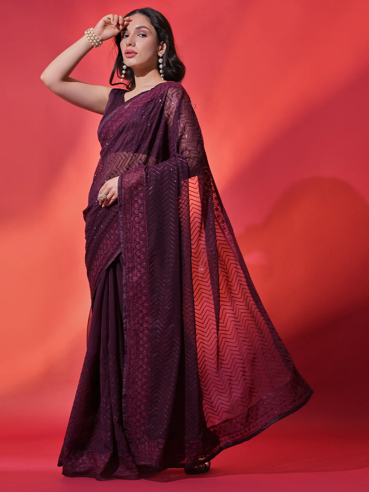 Odette Wine Embellished Georgette Saree With Unstitched Blouse For Women - Image 2