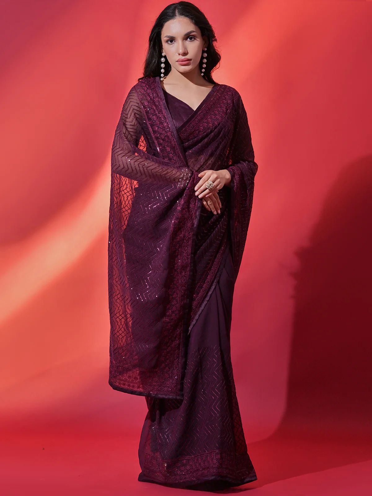 Odette Wine Embellished Georgette Saree With Unstitched Blouse For Women - Image 3