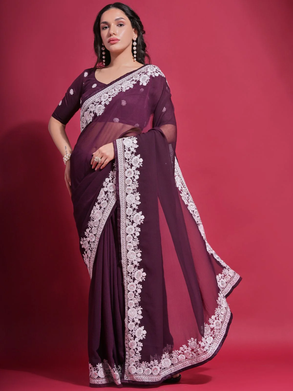 Odette Wine Embroidered Georgette Saree With Unstitched Blouse For Women - Image 2