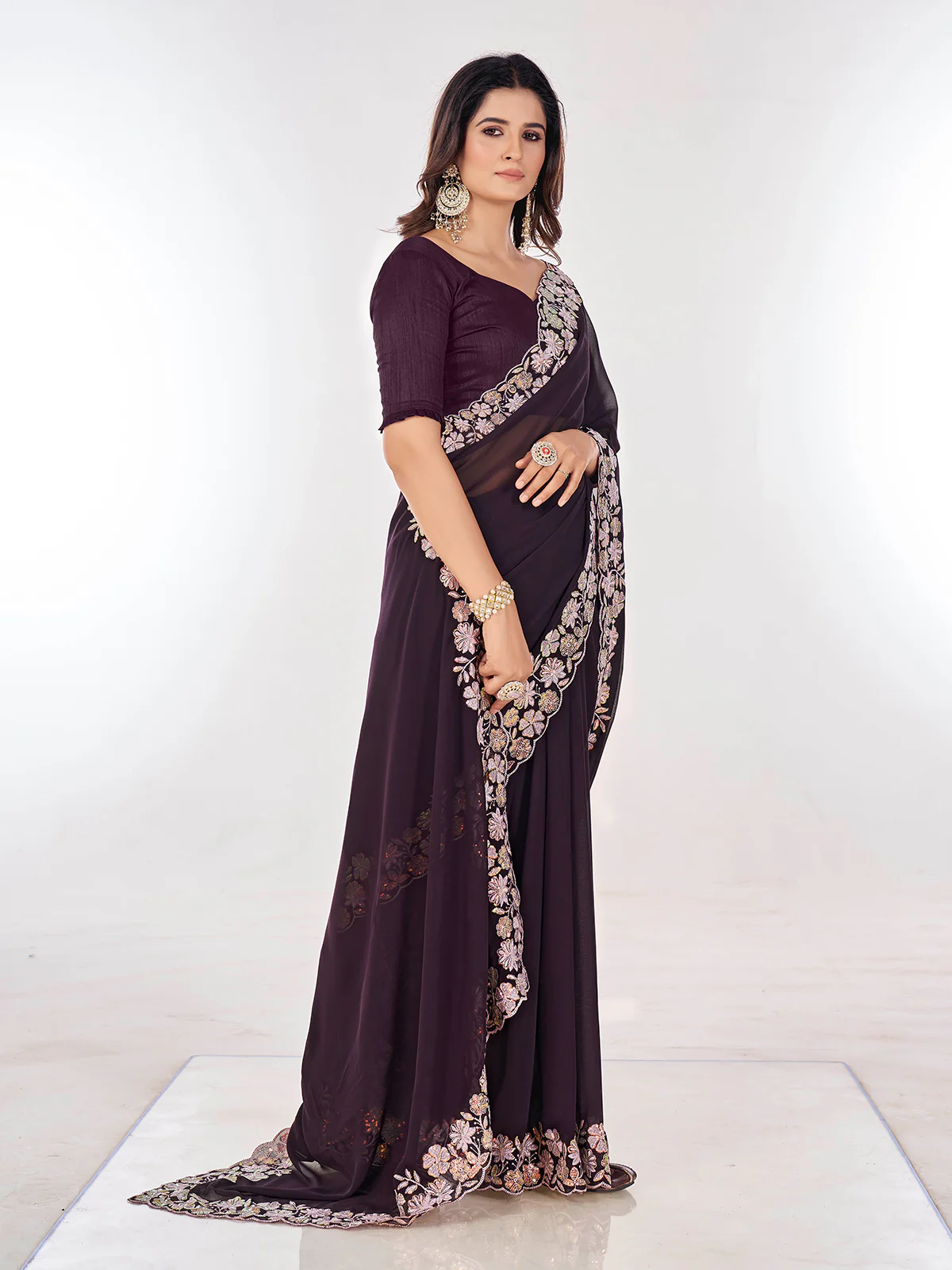 Odette Wine Embroidered Georgette Saree With Unstitched Blouse For Women - Image 2