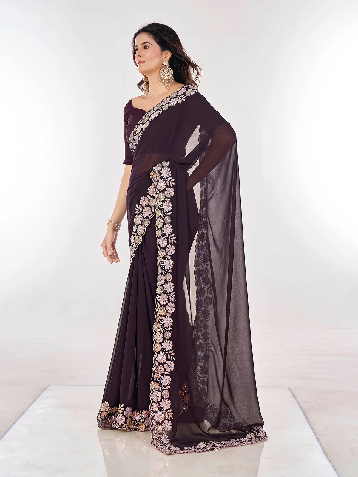 Odette Wine Embroidered Georgette Saree With Unstitched Blouse For Women - Image 3