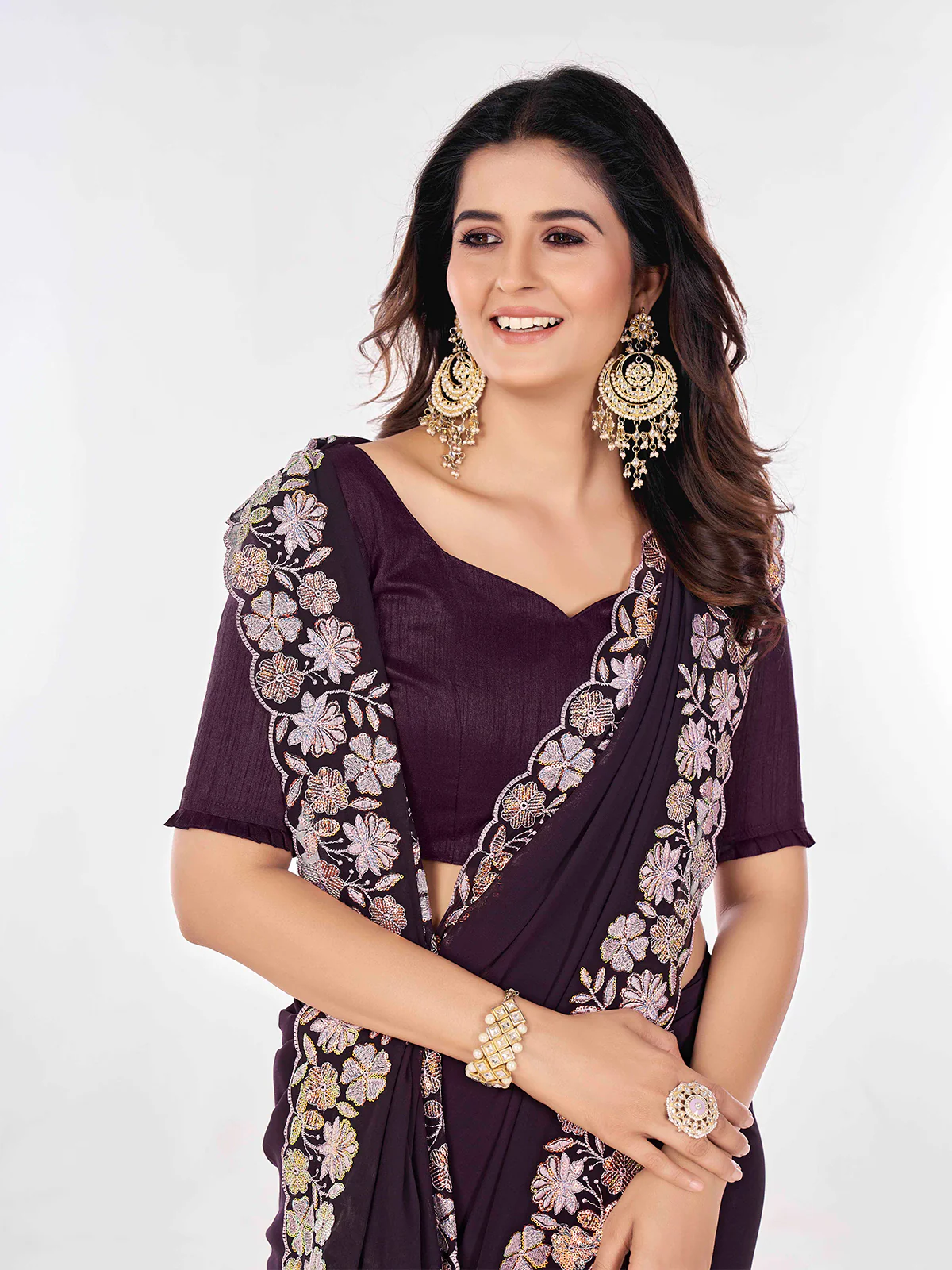 Odette Wine Embroidered Georgette Saree With Unstitched Blouse For Women - Image 5