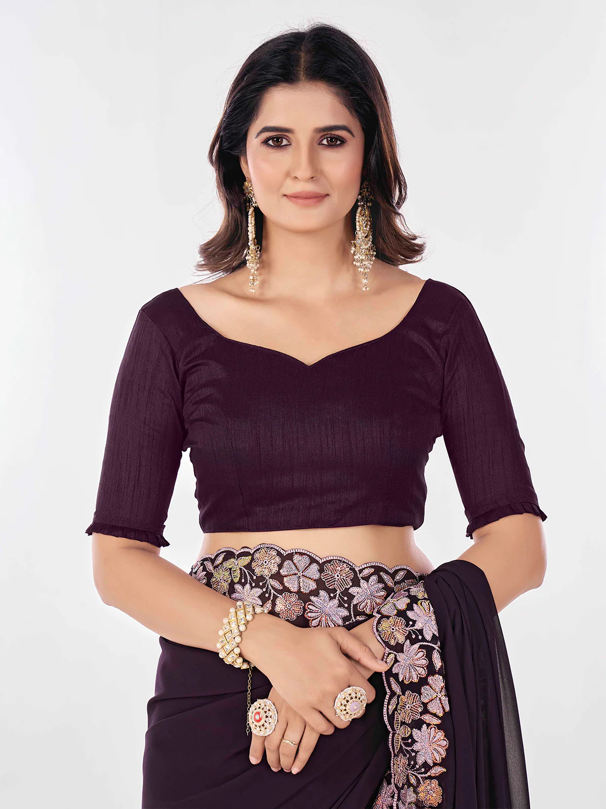 Odette Wine Embroidered Georgette Saree With Unstitched Blouse For Women - Image 6