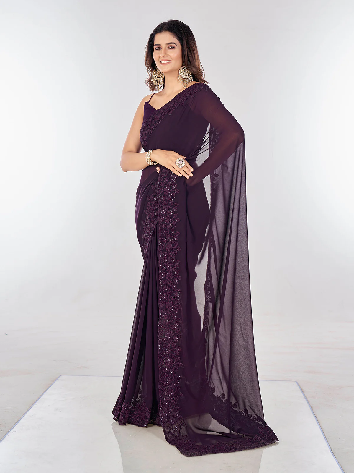 Odette Violet Embroidered Georgette Saree With Unstitched Blouse For Women - Image 2