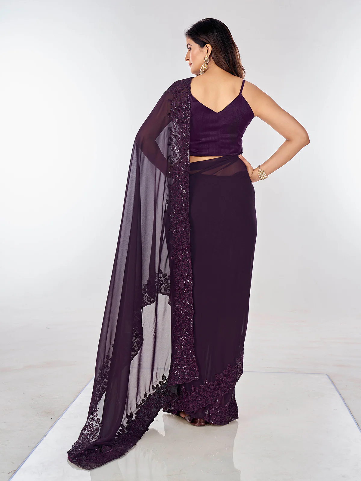 Odette Violet Embroidered Georgette Saree With Unstitched Blouse For Women - Image 4