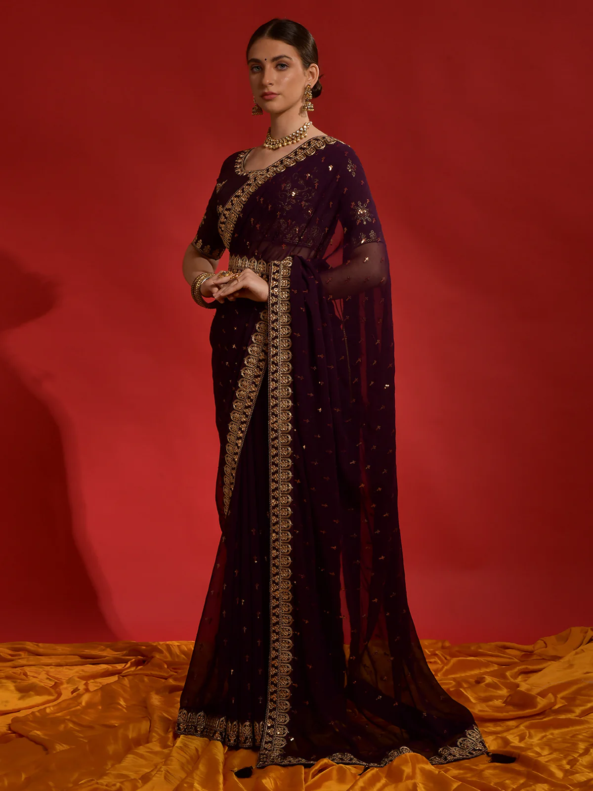 Odette Wine Embroidered Georgette Saree With Unstitched Blouse For Women - Image 2