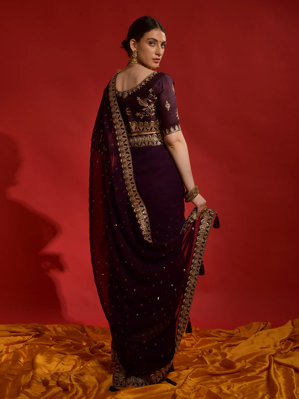 Odette Wine Embroidered Georgette Saree With Unstitched Blouse For Women - Image 3