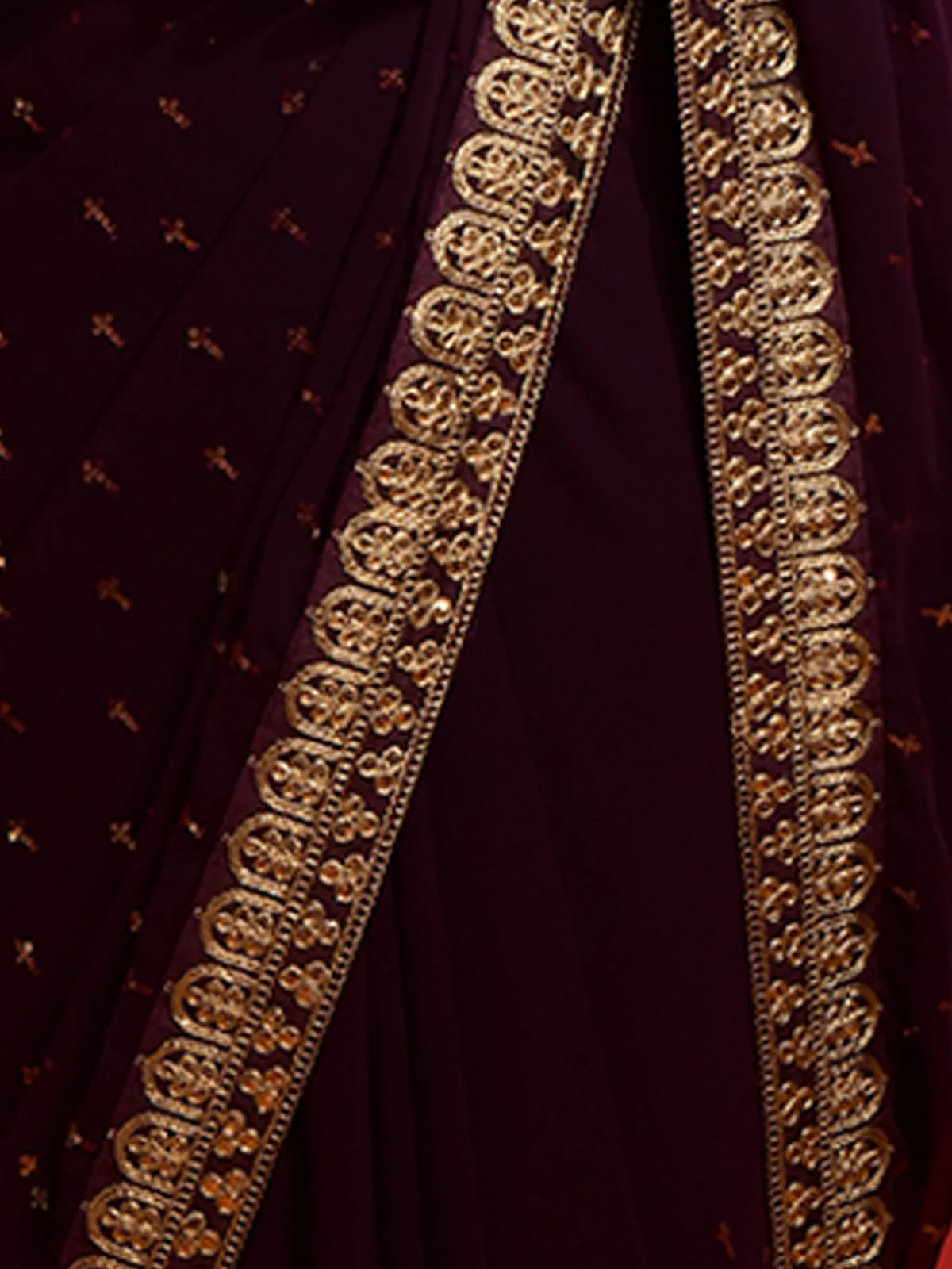 Odette Wine Embroidered Georgette Saree With Unstitched Blouse For Women - Image 7