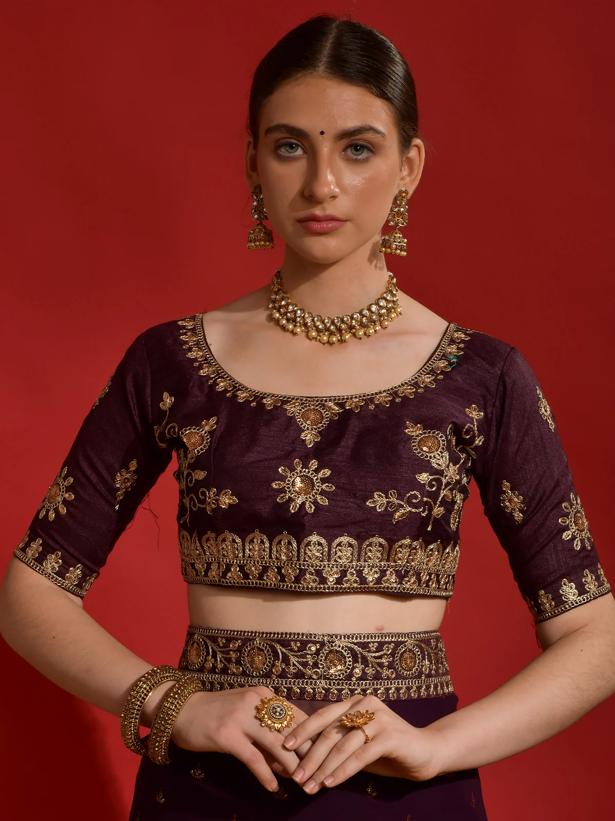 Odette Wine Embroidered Georgette Saree With Unstitched Blouse For Women - Image 5