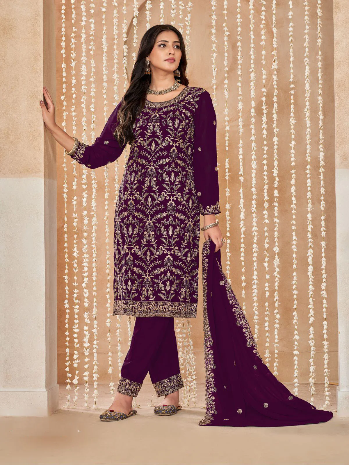 Odette Wine Embroidered Georgette Semi Stitched Kurta Set With Dupatta For Women - Image 3