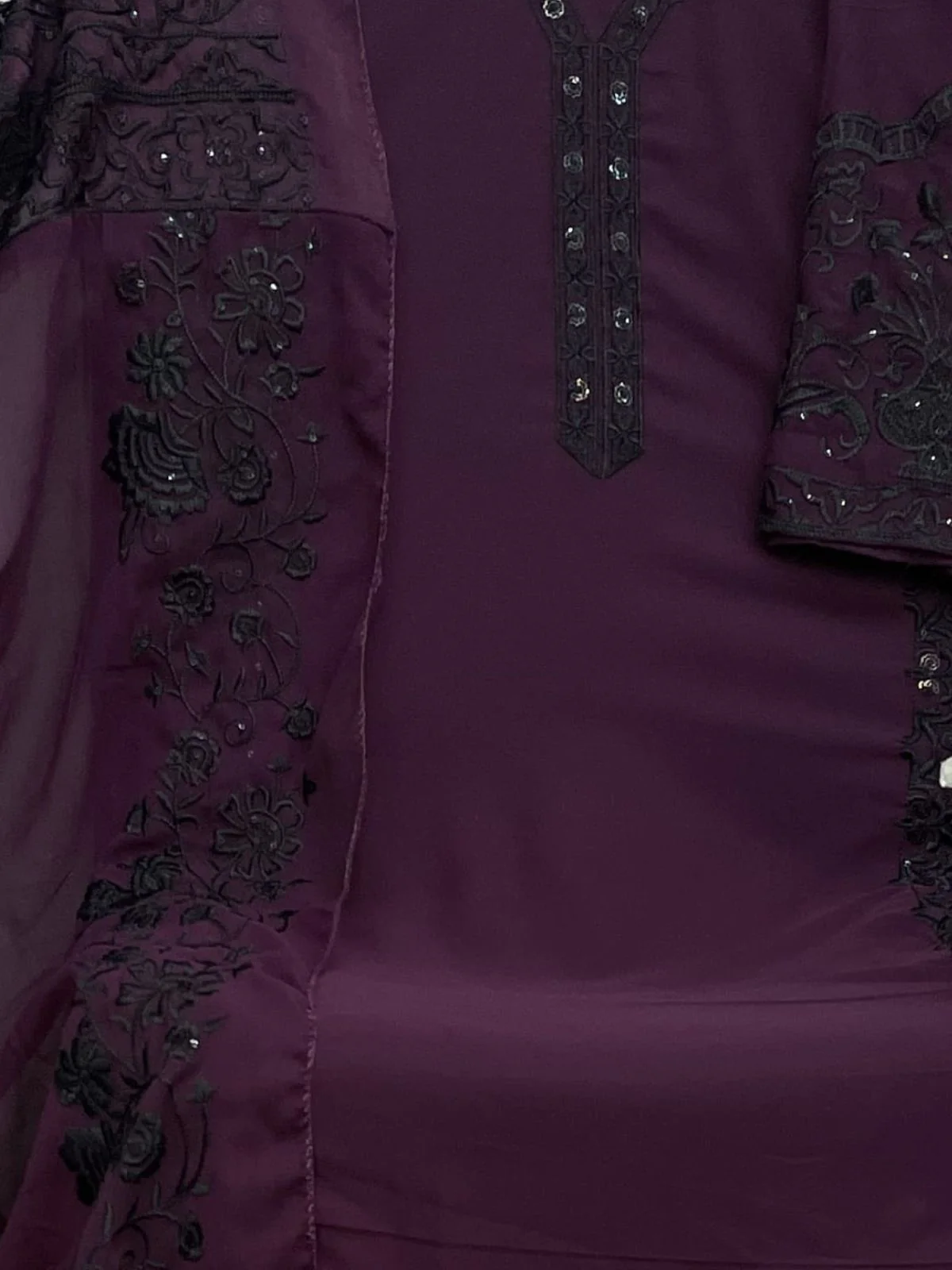 Odette Wine Embroidered Georgette Semi Stitched Kurta Set with Dupatta For Women - Image 3