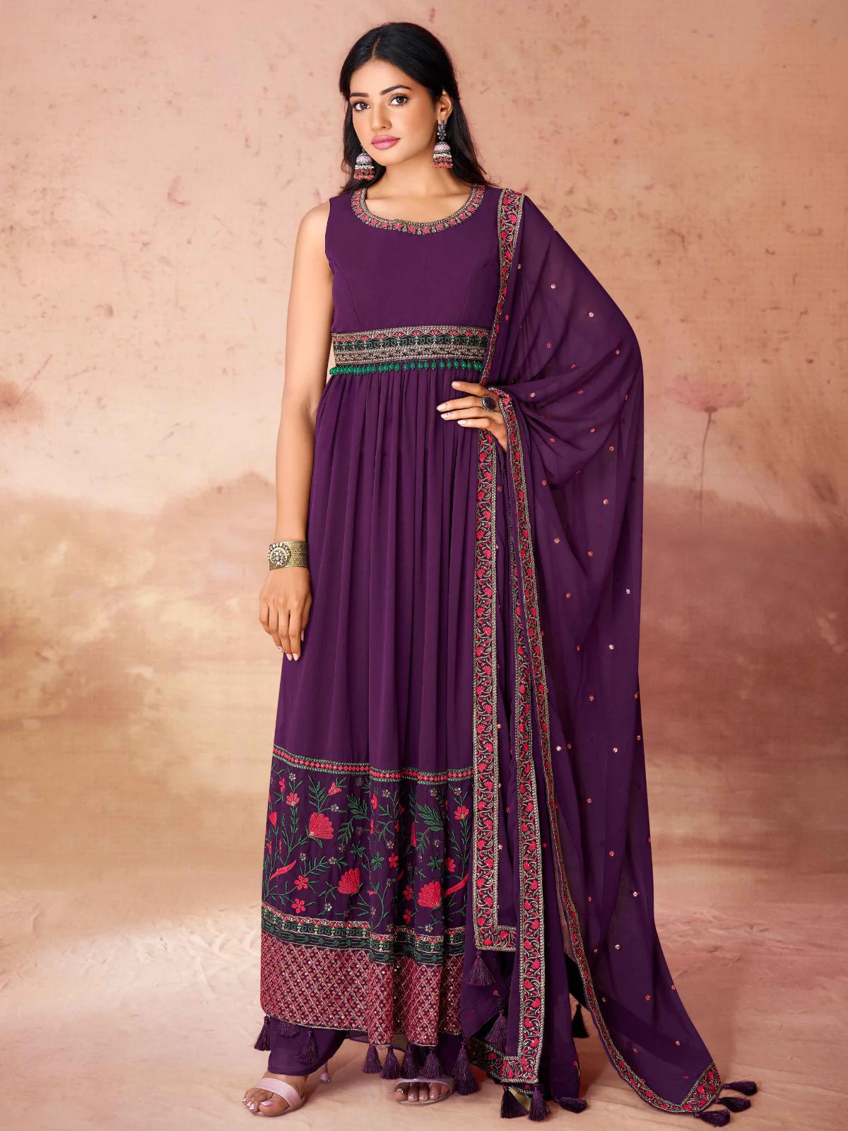 Odette Wine Georgette Embroidered Stitched Gown For Women - Image 2