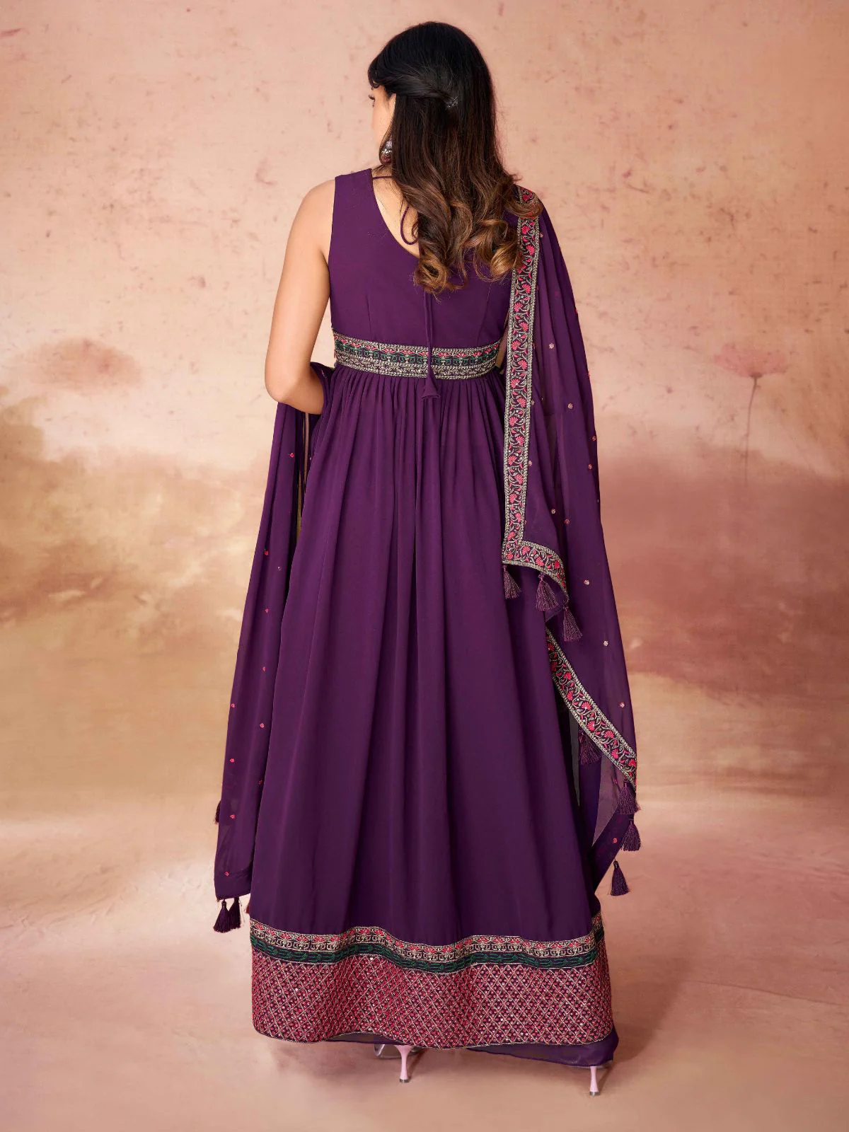 Odette Wine Georgette Embroidered Stitched Gown For Women - Image 4