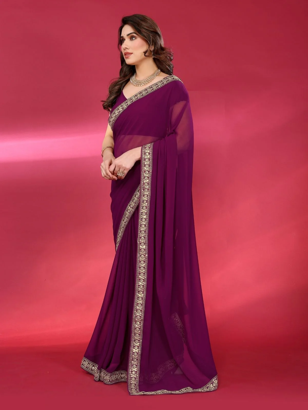 Odette Wine Georgette Embellished Saree For Women - Image 2