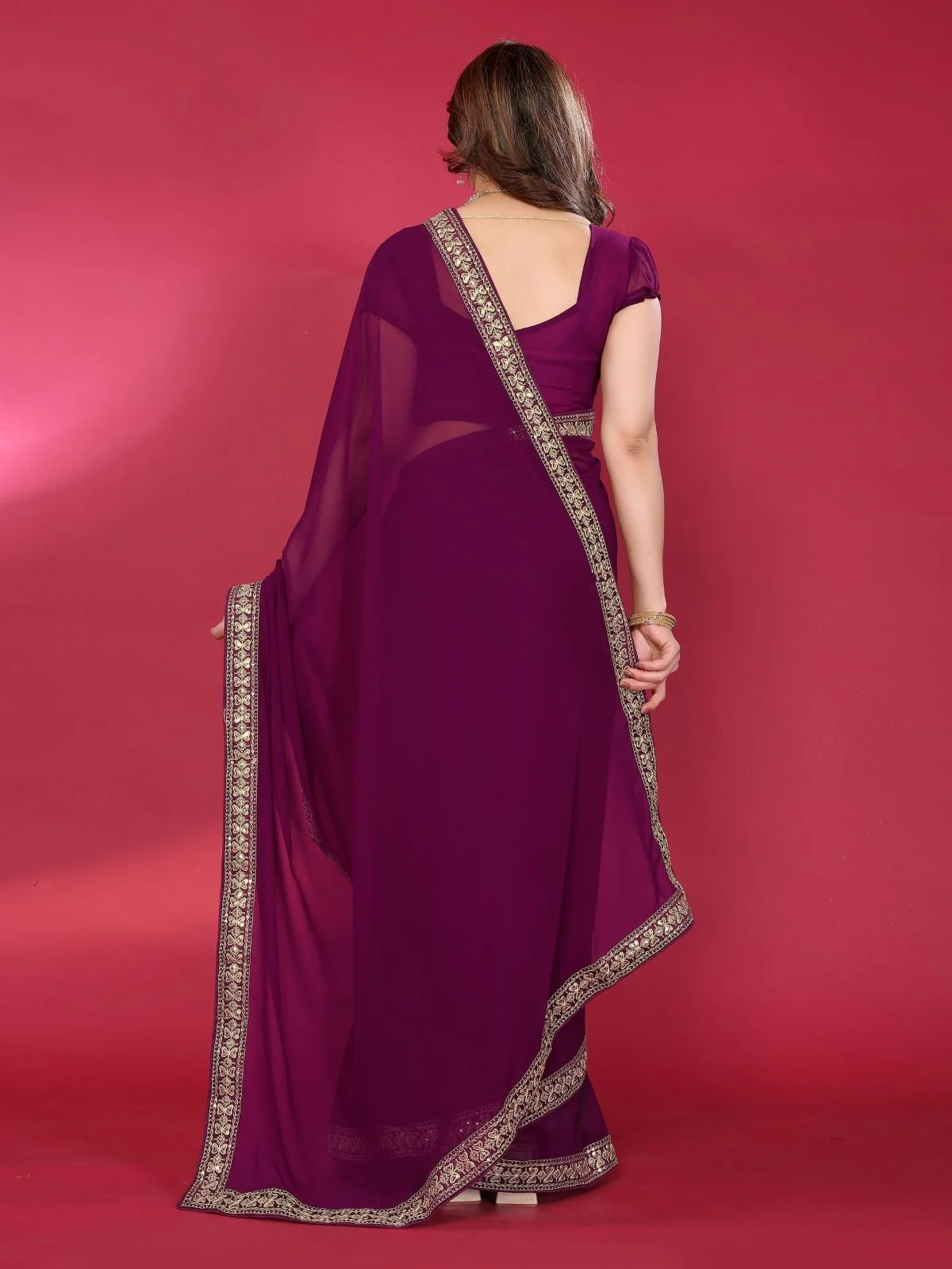 Odette Wine Georgette Embellished Saree For Women - Image 3