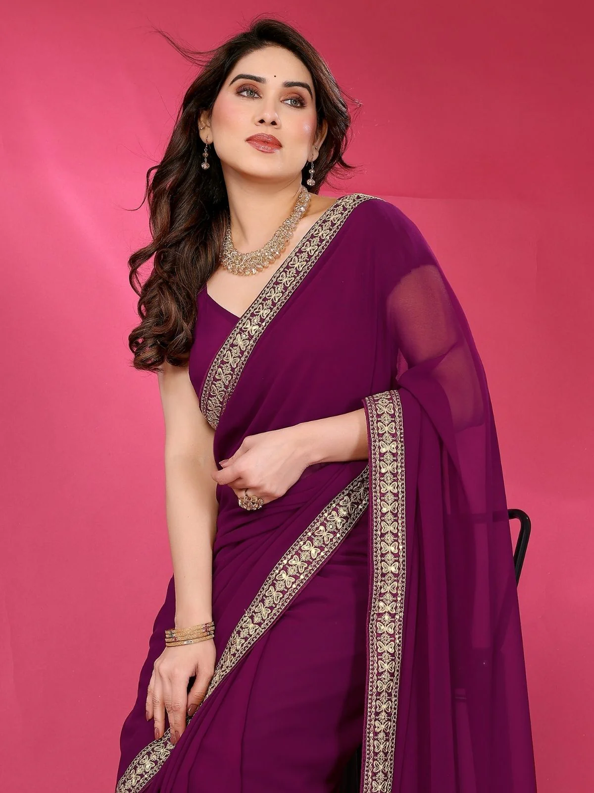 Odette Wine Georgette Embellished Saree For Women - Image 4