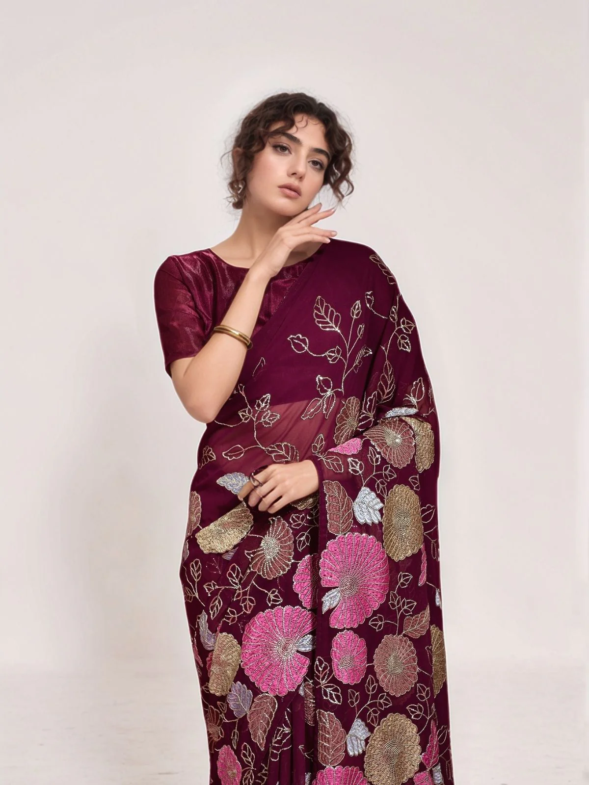 Odette Wine Georgette Embellished Saree For Women - Image 2