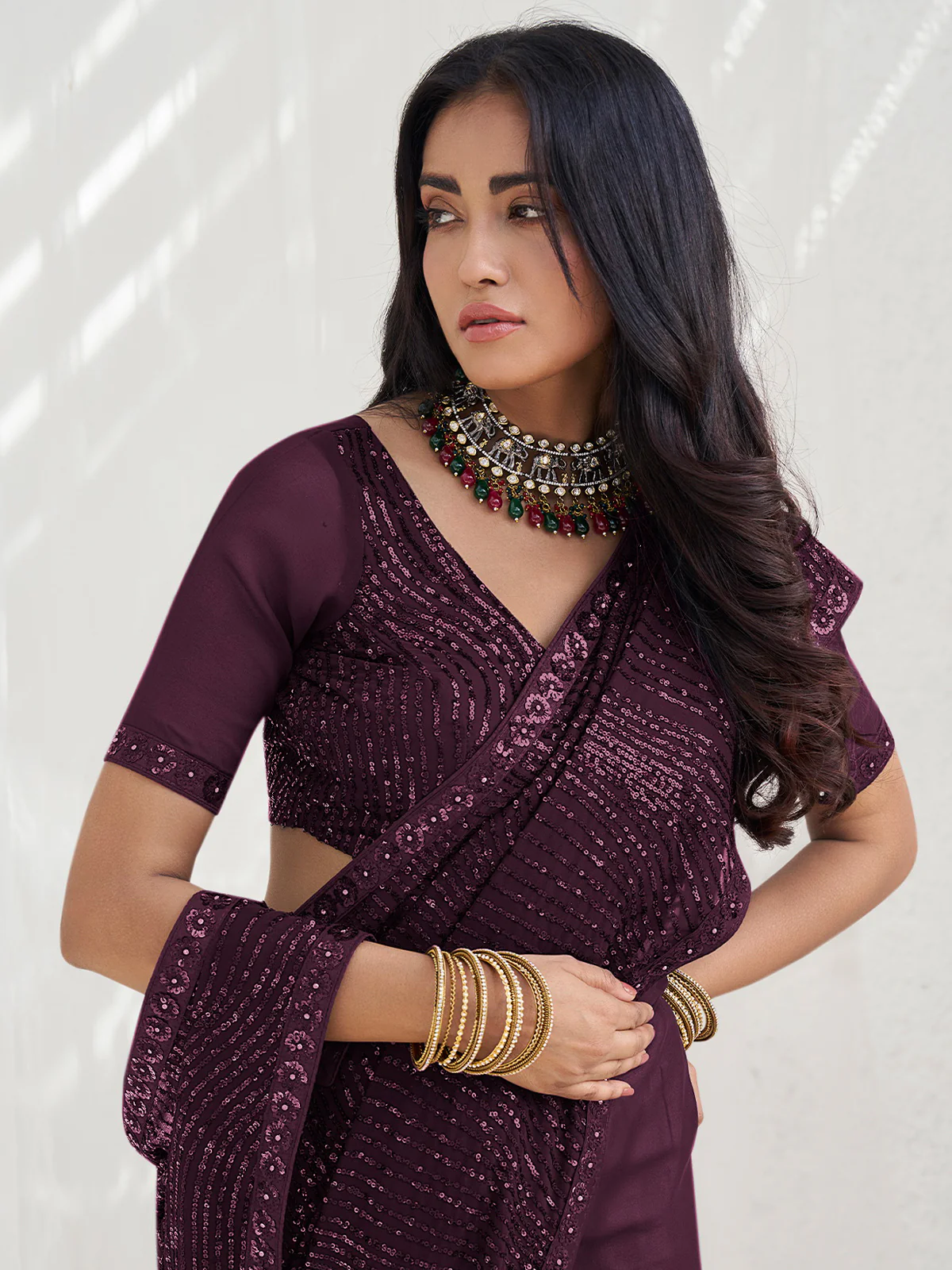 Odette Wine Georgette Embellished Saree With Unstitched Blouse For Women - Image 2