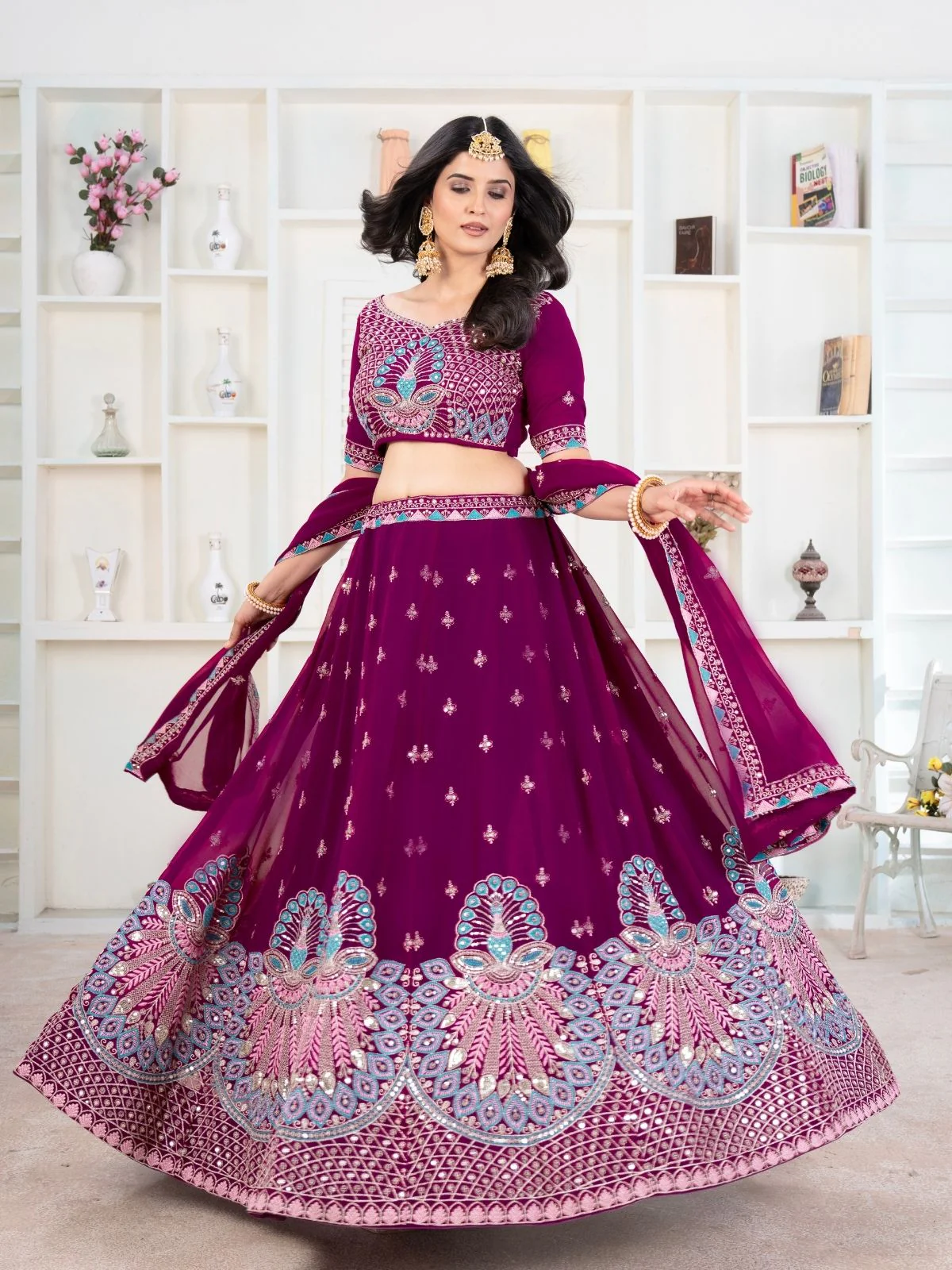 Odette Wine Georgette Embellished Semi Stitched Lehenga For Women - Image 2