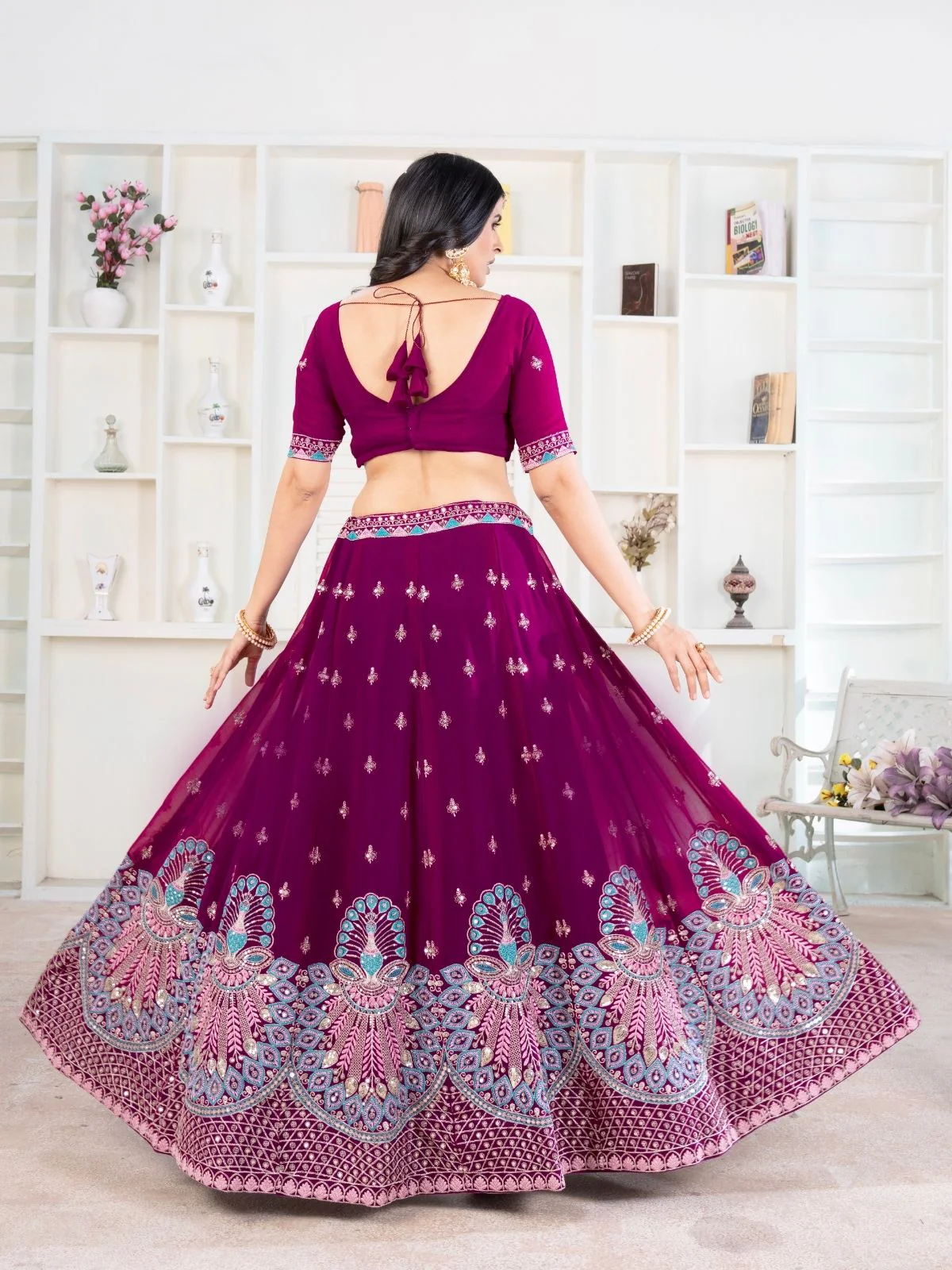 Odette Wine Georgette Embellished Semi Stitched Lehenga For Women - Image 3