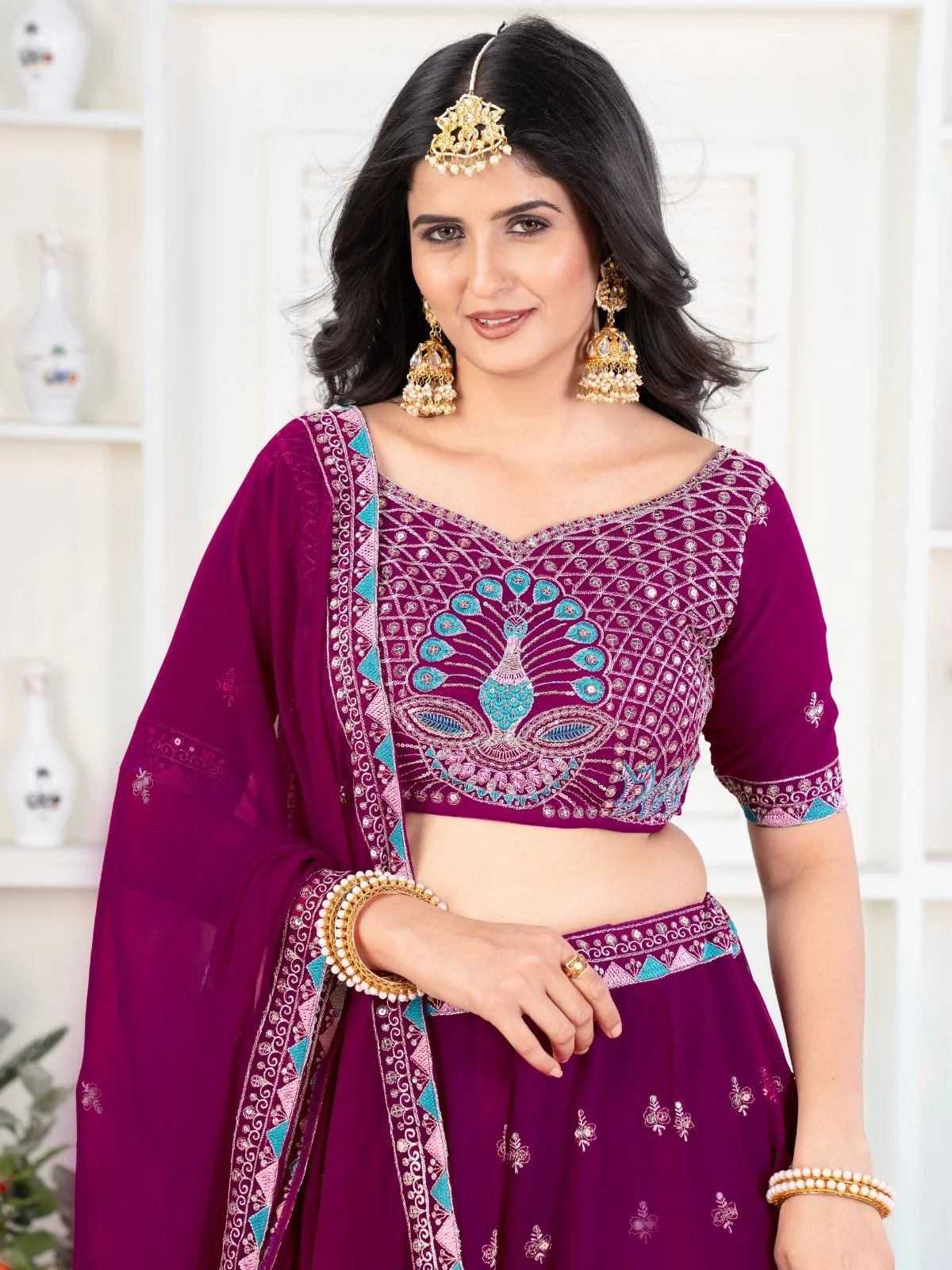 Odette Wine Georgette Embellished Semi Stitched Lehenga For Women - Image 4