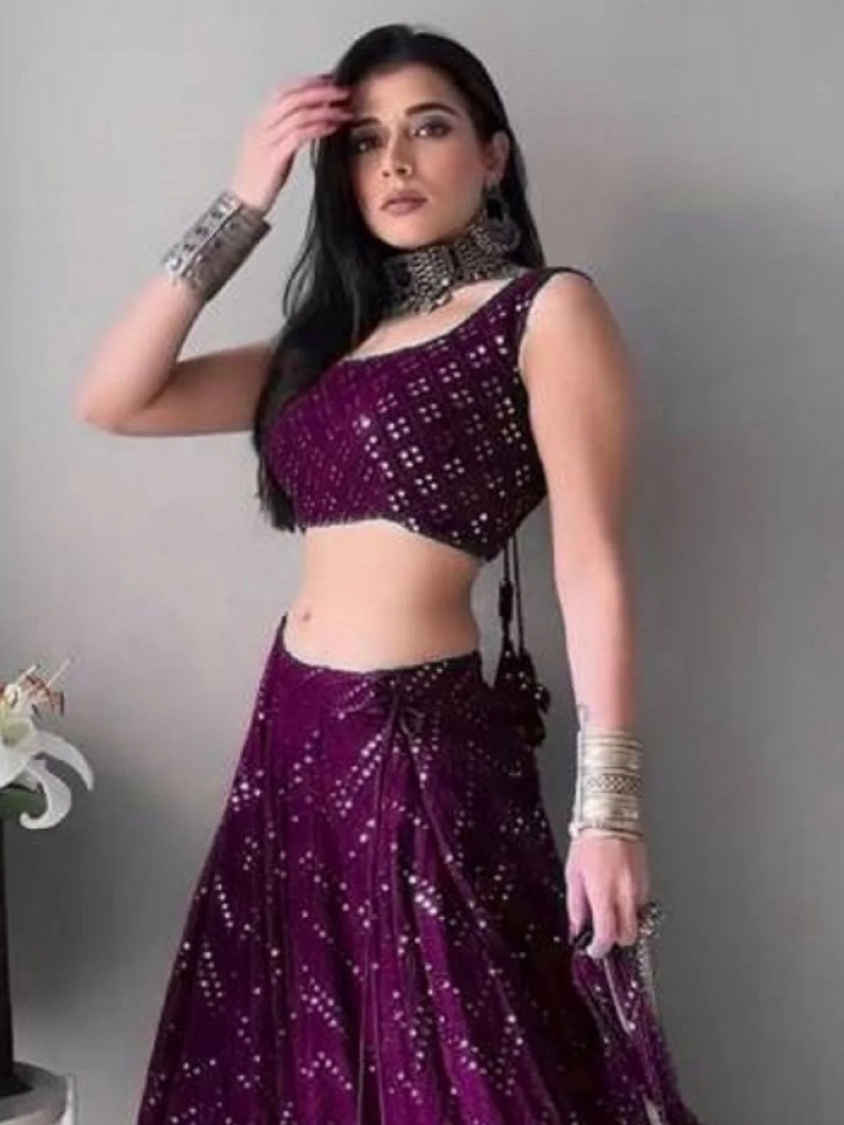 Odette Wine Georgette Embellished Semi-Stitched Lehenga For Women - Image 3