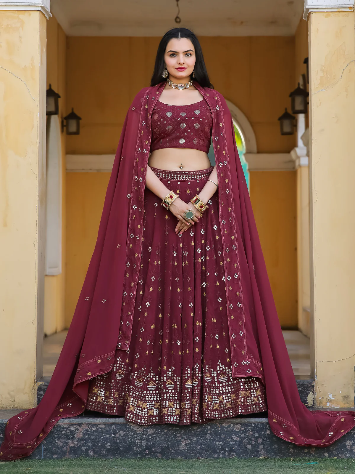 Odette Wine Georgette Embellished Semi Stitched Lehenga With Unstitched Blouse For Women