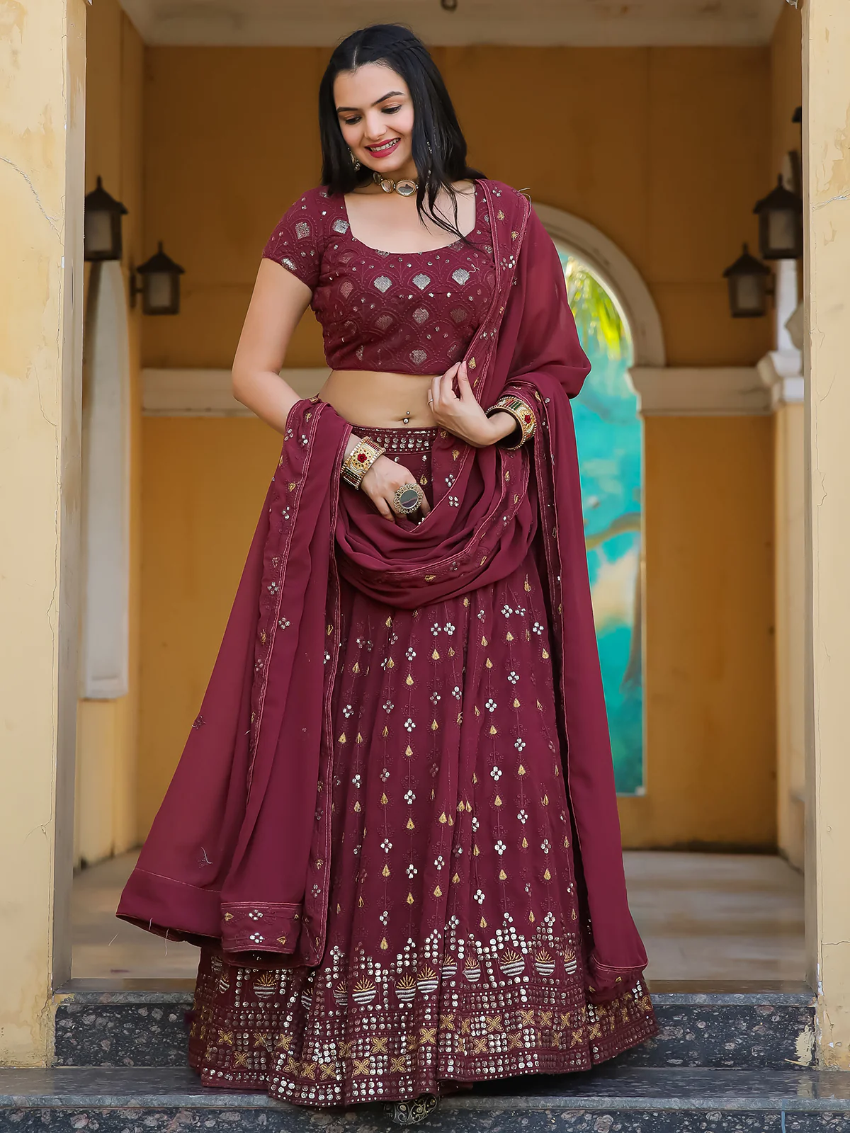 Odette Wine Georgette Embellished Semi Stitched Lehenga With Unstitched Blouse For Women - Image 4