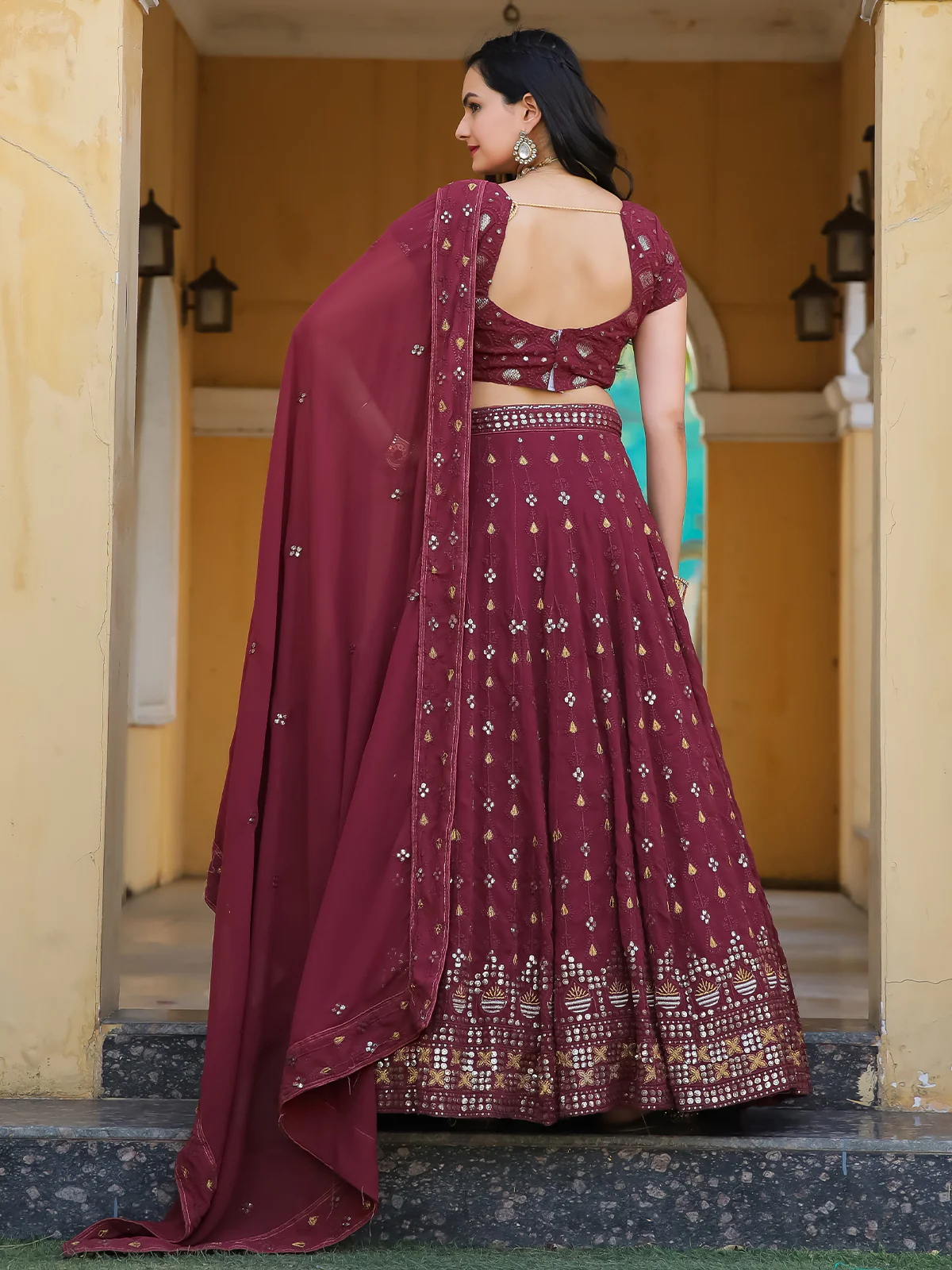 Odette Wine Georgette Embellished Semi Stitched Lehenga With Unstitched Blouse For Women - Image 5
