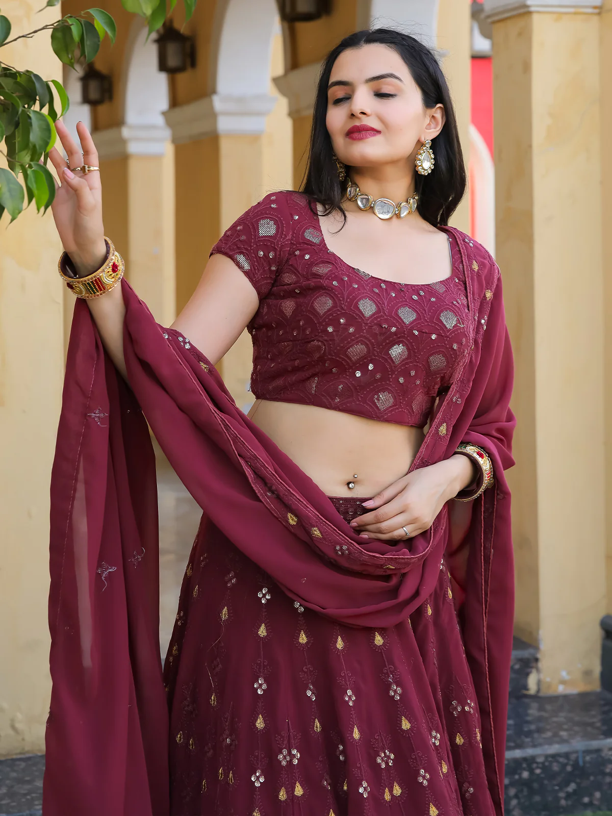 Odette Wine Georgette Embellished Semi Stitched Lehenga With Unstitched Blouse For Women - Image 6
