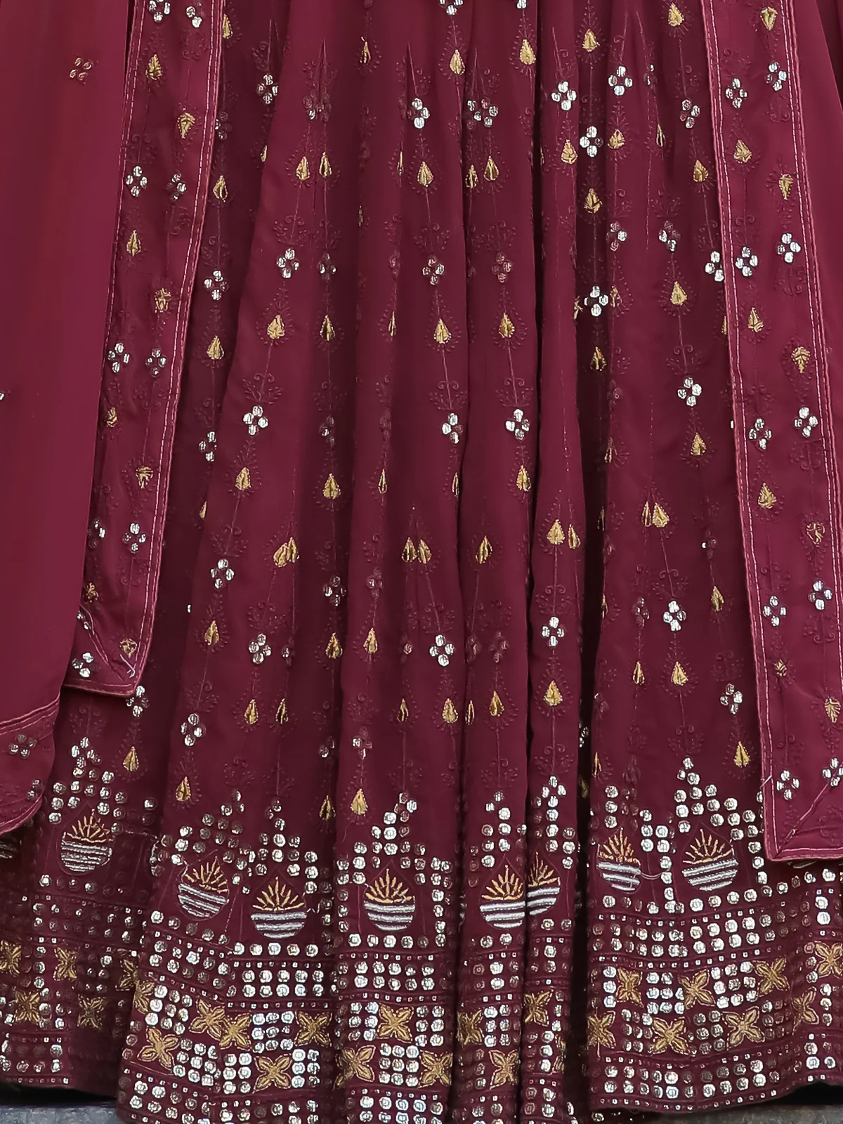 Odette Wine Georgette Embellished Semi Stitched Lehenga With Unstitched Blouse For Women - Image 7