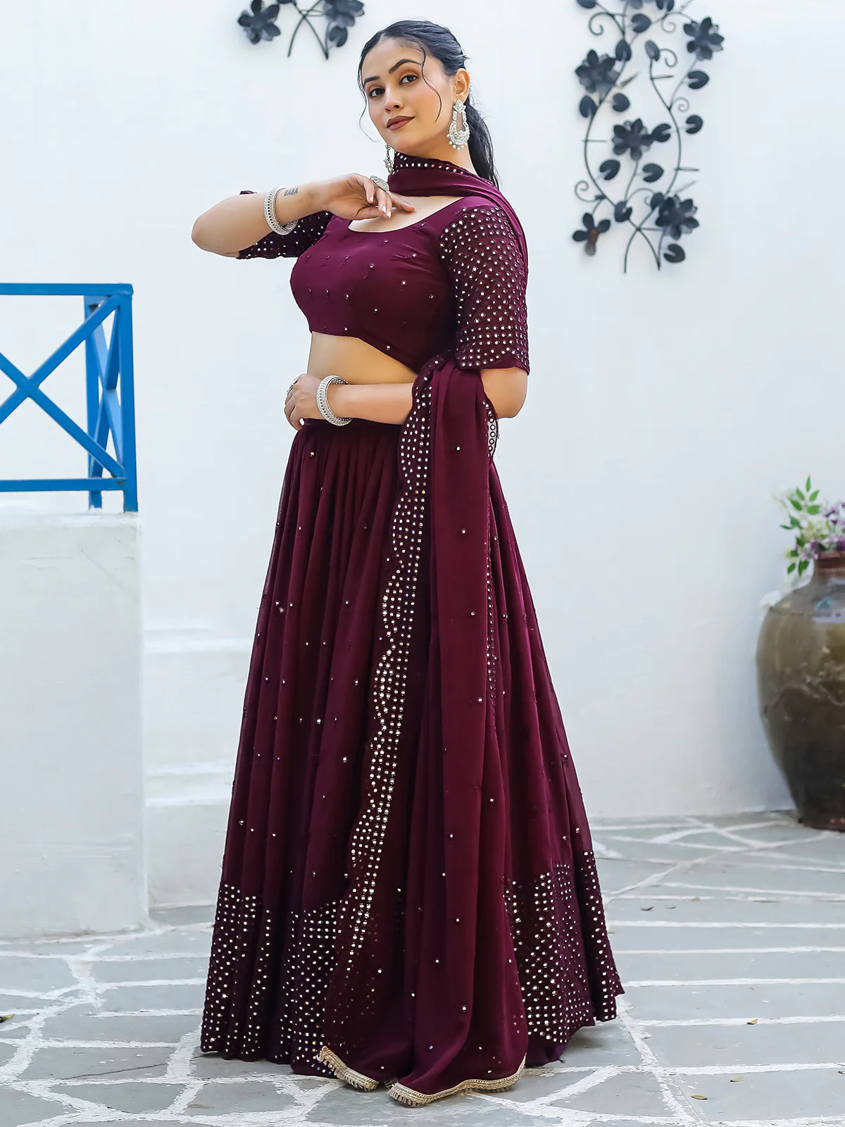 Odette Wine Georgette Embellished Semi Stitched Lehenga With Unstitched Blouse For Women - Image 3