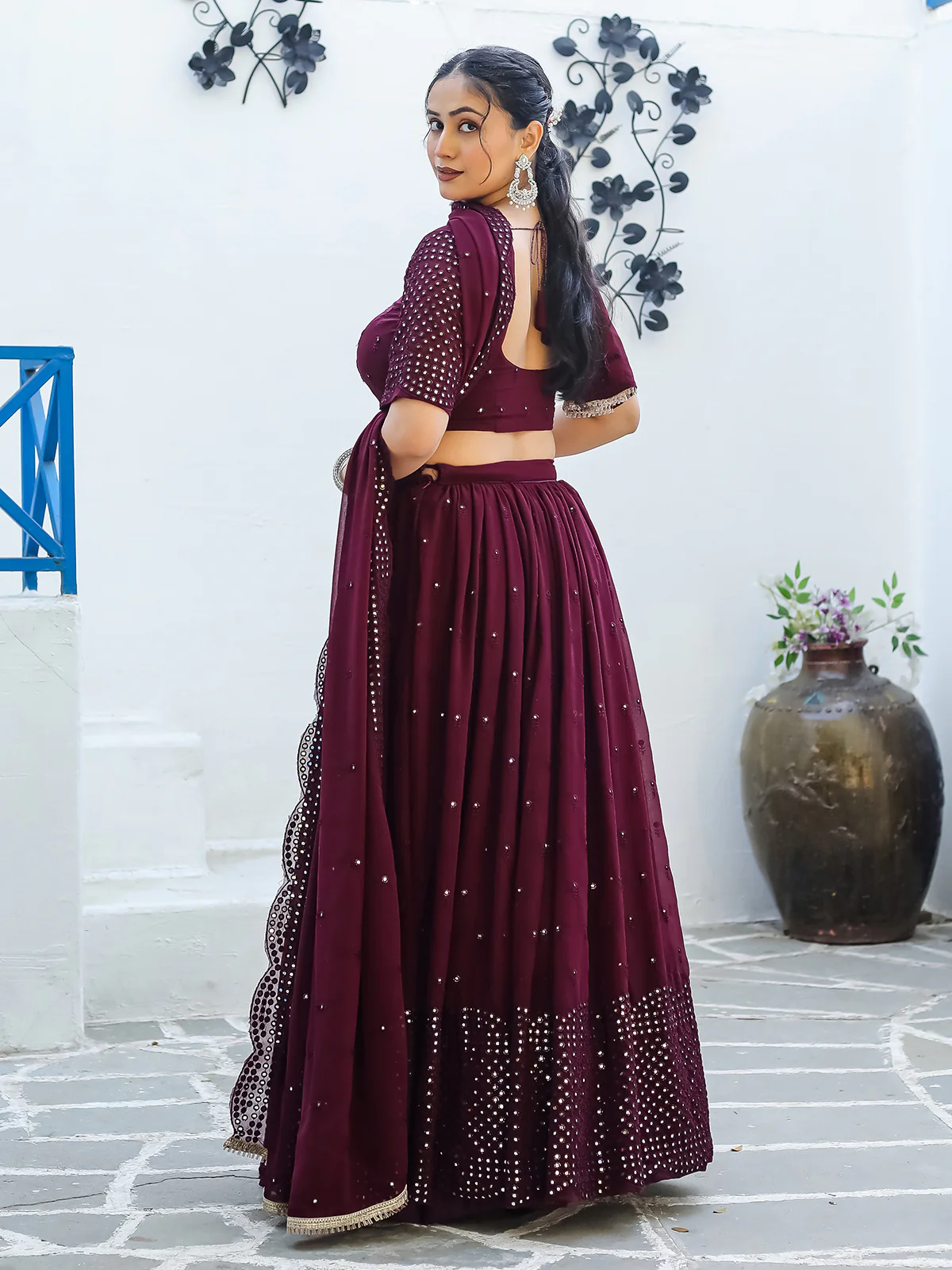 Odette Wine Georgette Embellished Semi Stitched Lehenga With Unstitched Blouse For Women - Image 5