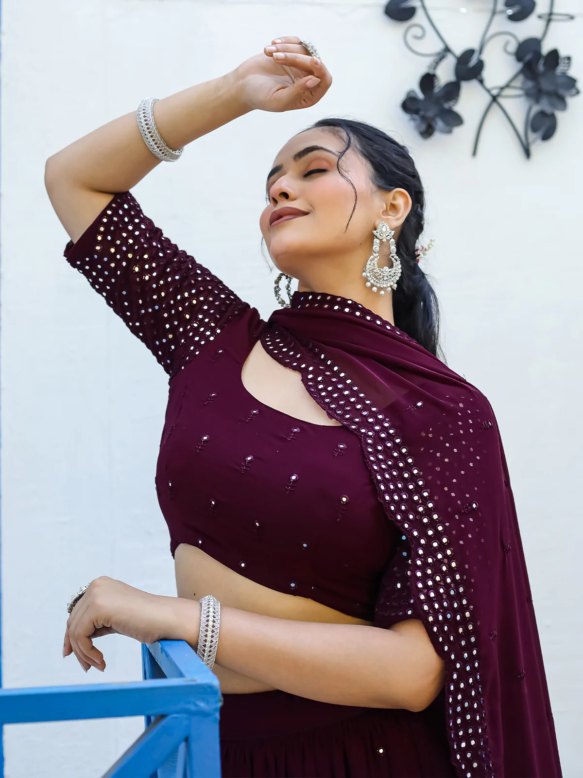 Odette Wine Georgette Embellished Semi Stitched Lehenga With Unstitched Blouse For Women - Image 6