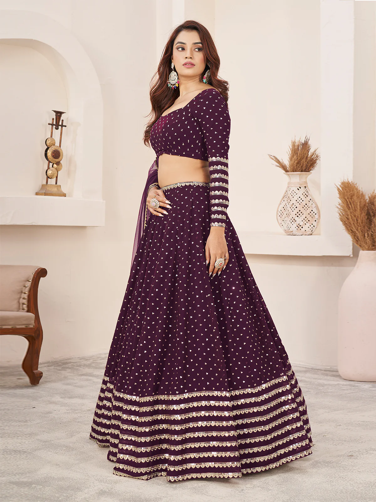 Odette Wine Georgette Embellished Semi Stitched Lehenga With Unstitched Blouse For Women - Image 4