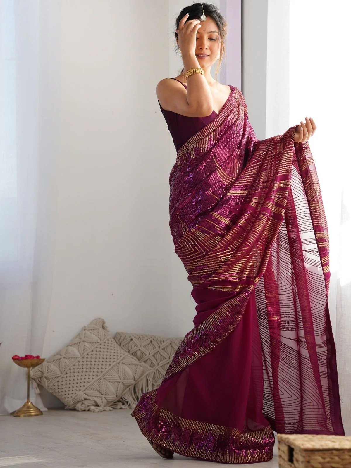 Odette Wine Georgette Embellished Solid Saree For Women - Image 3