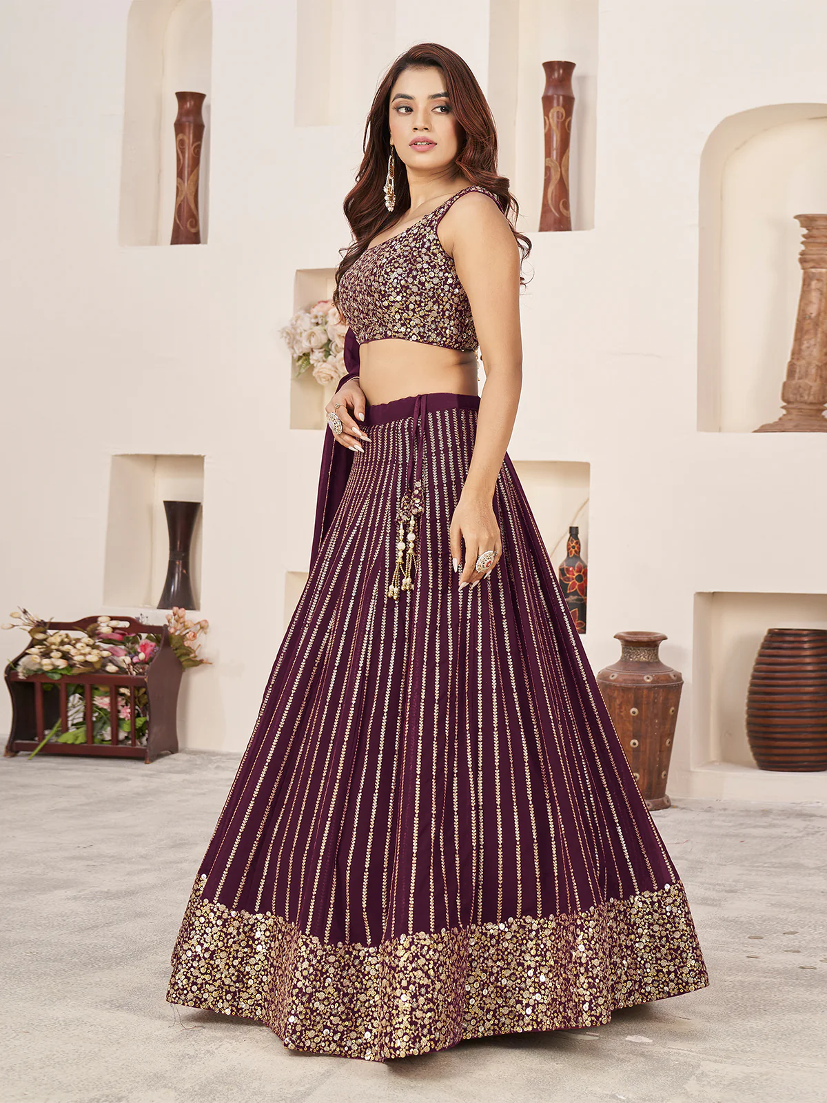 Odette Wine Georgette Embellished Semi Stitched Lehenga With Unstitched Blouse For Women - Image 4