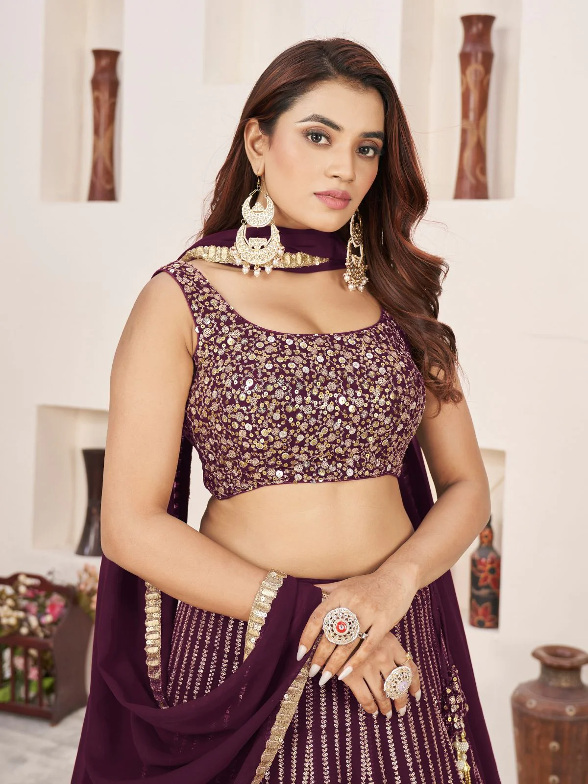 Odette Wine Georgette Embellished Semi Stitched Lehenga With Unstitched Blouse For Women - Image 5