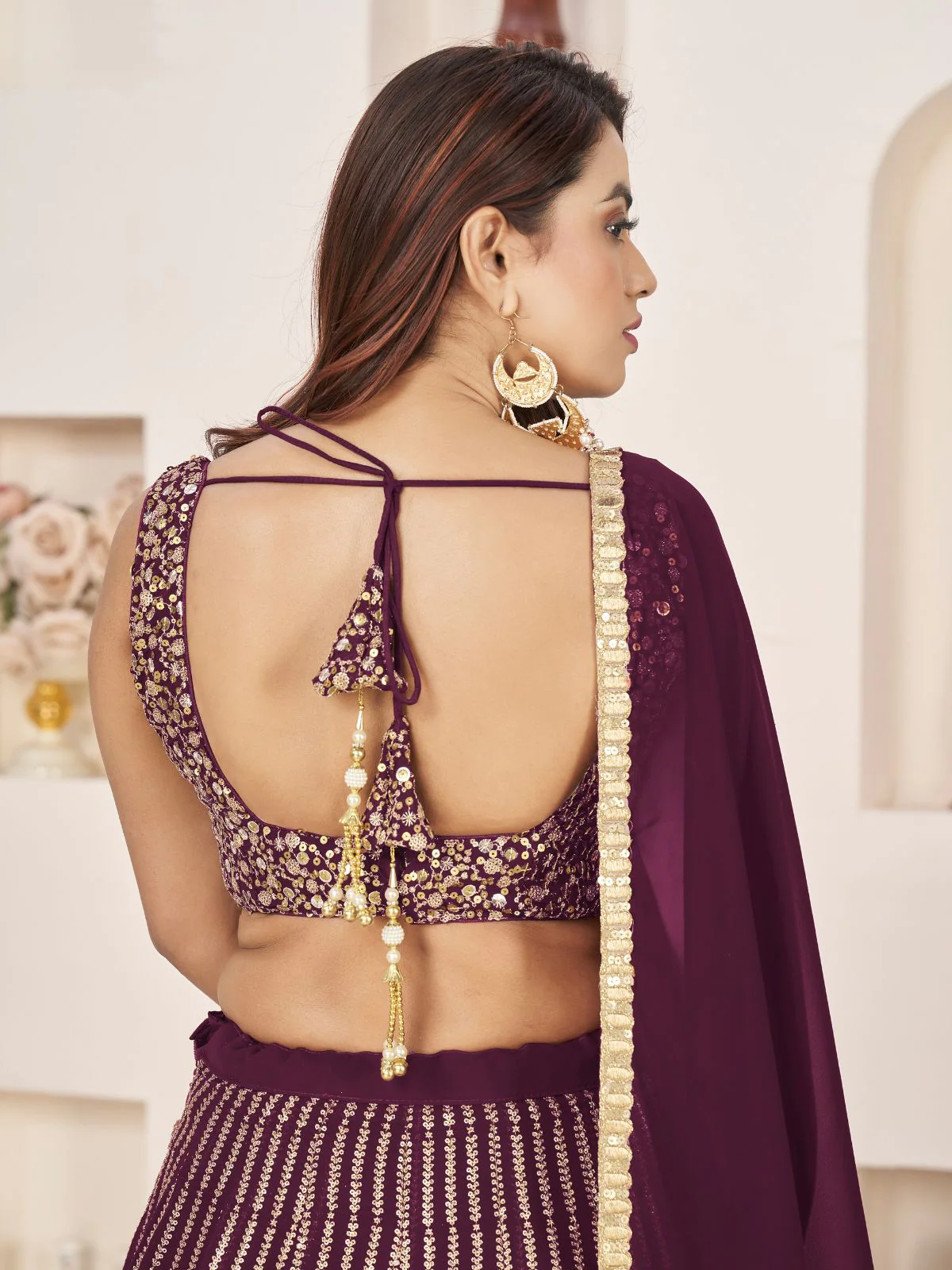 Odette Wine Georgette Embellished Semi Stitched Lehenga With Unstitched Blouse For Women - Image 6