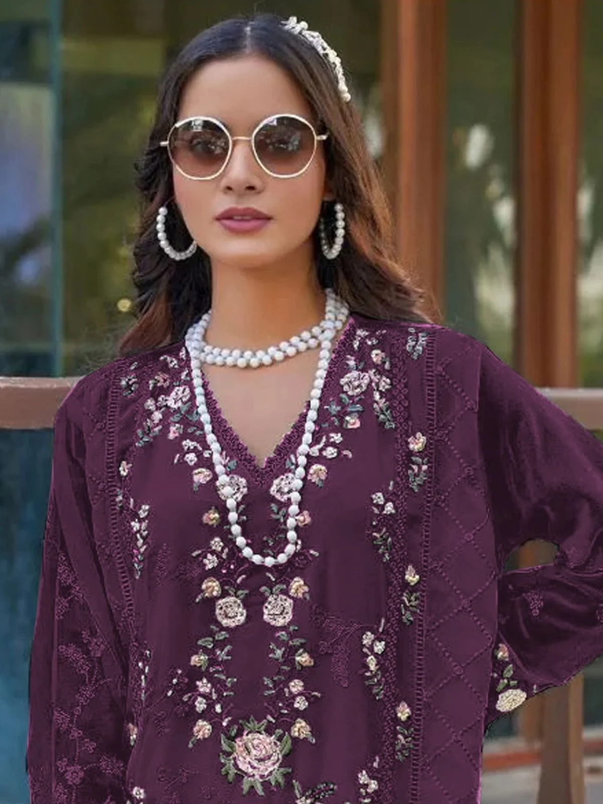 Odette Wine Georgette Embellished Semi-Stitched Kurta Set For Women - Image 2